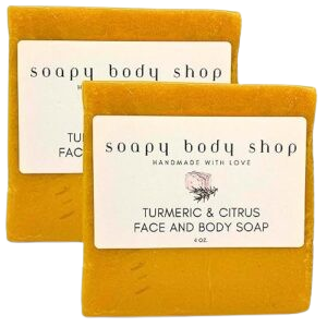 Turmeric & Citrus Essential Oils Brightening Soap, NO KOJIC ACID, Dark Spot Remover, Turmeric Soap Face & Body, Hyperpigmentation, Even Out Skin Tone, Nourishing Goat Milk, Handmade 4 oz. (2 Pack)